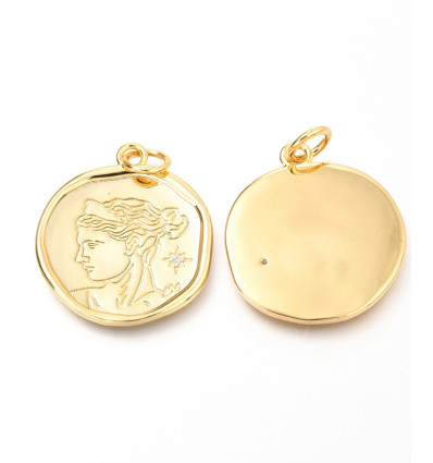 Pendentif médaille doré à l'or fin + lune en zircon
