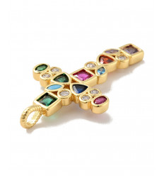 Pendentif grande croix et zircon coloré
