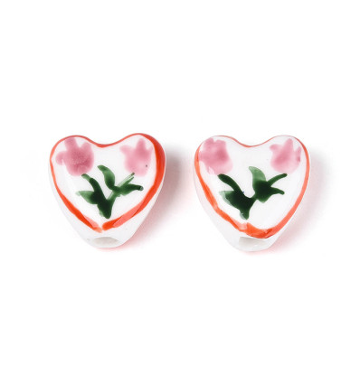 Perle coeur en porcelaine - petite fleurs