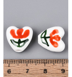 Perle coeur en porcelaine - grosse fleur