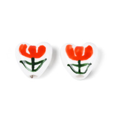 Perle coeur en porcelaine - grosse fleur