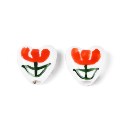 Perle coeur en porcelaine - grosse fleur