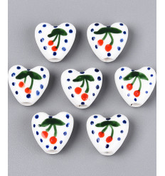 Perle coeur en porcelaine - petite cerise