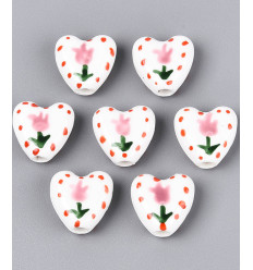Perle coeur en porcelaine - tulipe