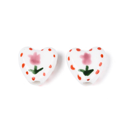 Perle coeur en porcelaine - tulipe