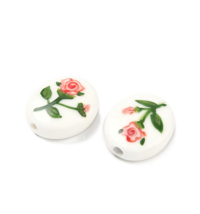 Perle ovale en porcelaine - fleurs