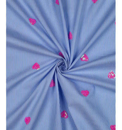 Popeline rayée coeurs sequins brodés
