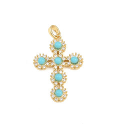 Pendentif croix + zircons et résine turquoise