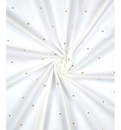 Voile de coton blanc brodé de fleurs dorées