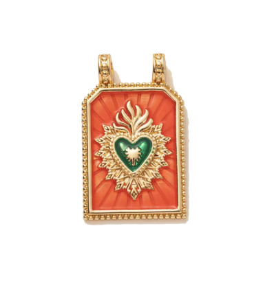 Pendentif plaque "coeur vert/orange"