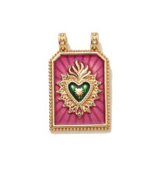 Pendentif plaque "coeur vert/fuschia"