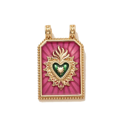 Pendentif plaque "coeur vert/fuschia"