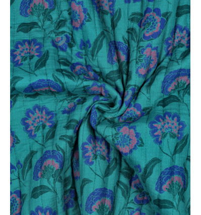 Matelassé gaze de coton - fleuris turquoise
